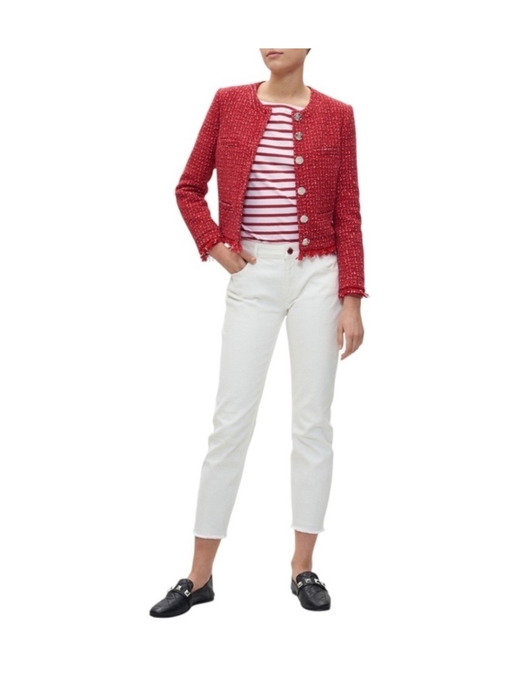 Claudie Pierlot Paris Red Tweed Boucle Fringe Jacket Blazer Size 8 NWT - Picture 2 of 15